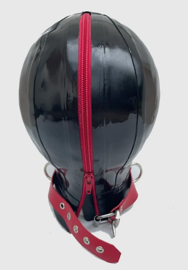 Black Latex Hood with Red Pinhole Eyes and Zip Mouth – Rear Zipper and Zip Guard