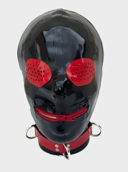 Black Latex Hood with Red Pinhole Eyes and Zip Mouth – Rear Zipper and Zip Guard