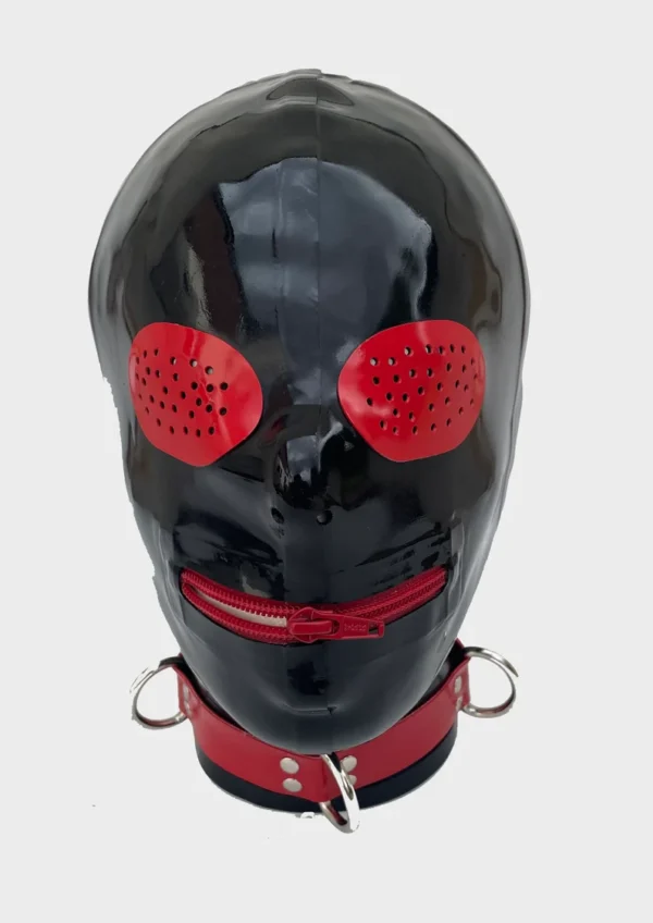 Black Latex Hood with Red Pinhole Eyes and Zip Mouth – Rear Zipper and Zip Guard