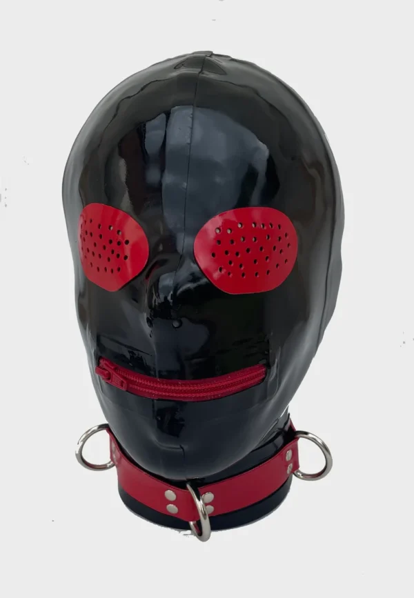 Black Latex Hood with Red Pinhole Eyes and Zip Mouth – Rear Zipper and Zip Guard