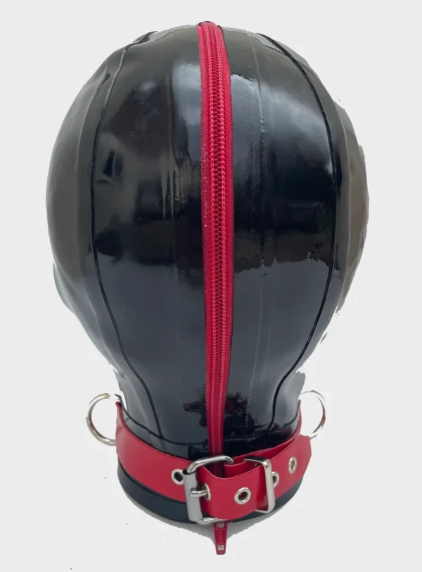 Black Latex Hood with Red Pinhole Eyes and Zip Mouth – Rear Zipper and Zip Guard