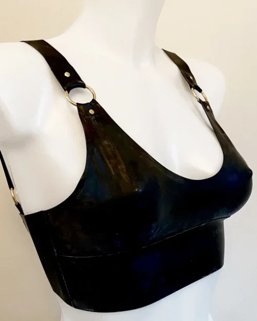 High-Support Latex Bralette with Buckle Closure and Hardware Details