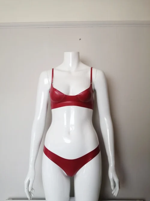 Red Latex Bra and Low Waist Briefs Set – Handmade Two Piece Lingerie