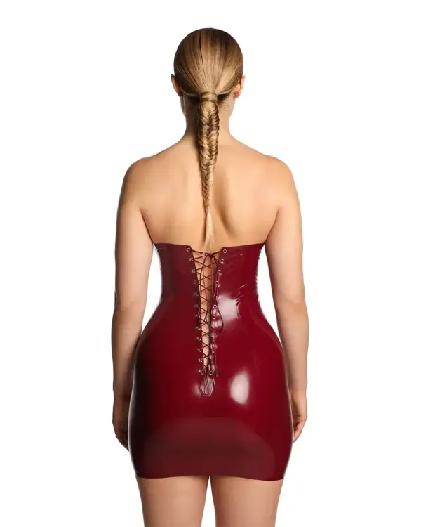 Close-up view of the intricate lace-up back detail on the red latex dress