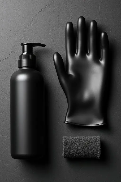 A professional latex care kit, including a bottle of shiner and a polishing cloth, ready for use.