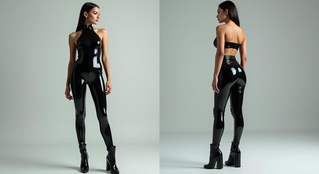 A split-screen comparison showing a latex catsuit vs a two-piece set, a guide by LatexLuxe.