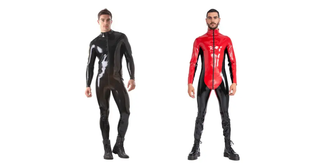 Two male models showcasing different styles of men's latex clothing, including a black catsuit and a red and black catsuit.